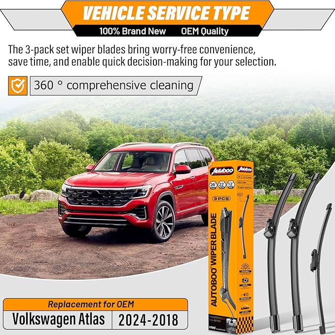 OEM Windshield Wiper Blade Replacement for VW Volkswagen Atlas 2018 2019 2020 20221 2022 2023 2024 Original Equipment All-Season Rear Wiper Blade Set 26+22+12 (Set of 3)