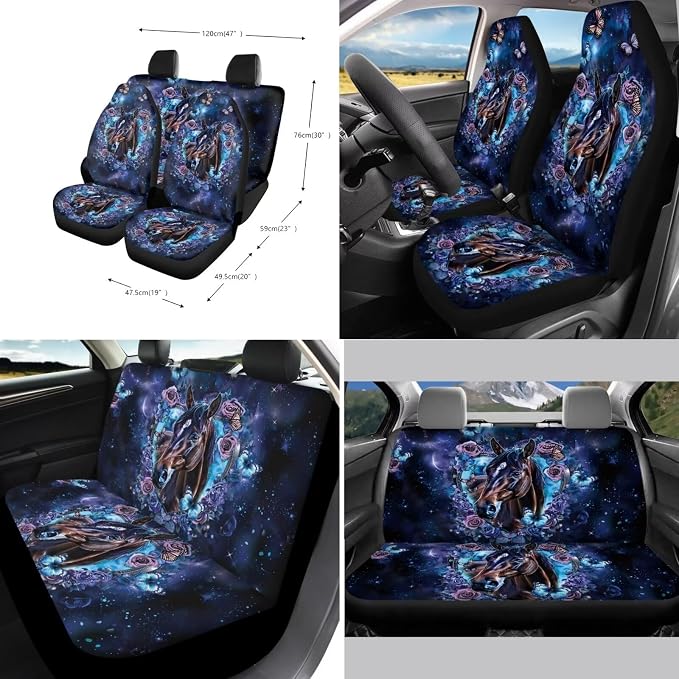 Suobstales Galaxy Horse Flower Print Car Seat Cover for Women Full Set SUV Interior Accessories Front/Back Bench Bucket Seat Cover,Steering Wheel Cover,Seat Belt Cover,Cup Holder Coasters,Keychain