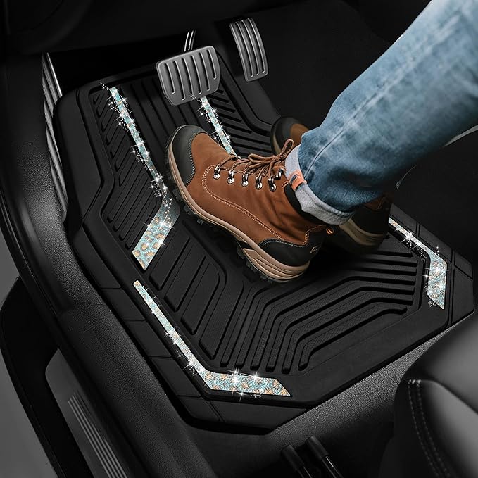 PIC AUTO Car Floor Mats, Leopard Sparkly Crystal Bling Glitter Car Mats Set, Front and Rear Heavy Duty Rubber Car Mats with Anti-Slip Backing, All Weather, Trim-to-Fit for Automotive SUVs, Sedan, Vans