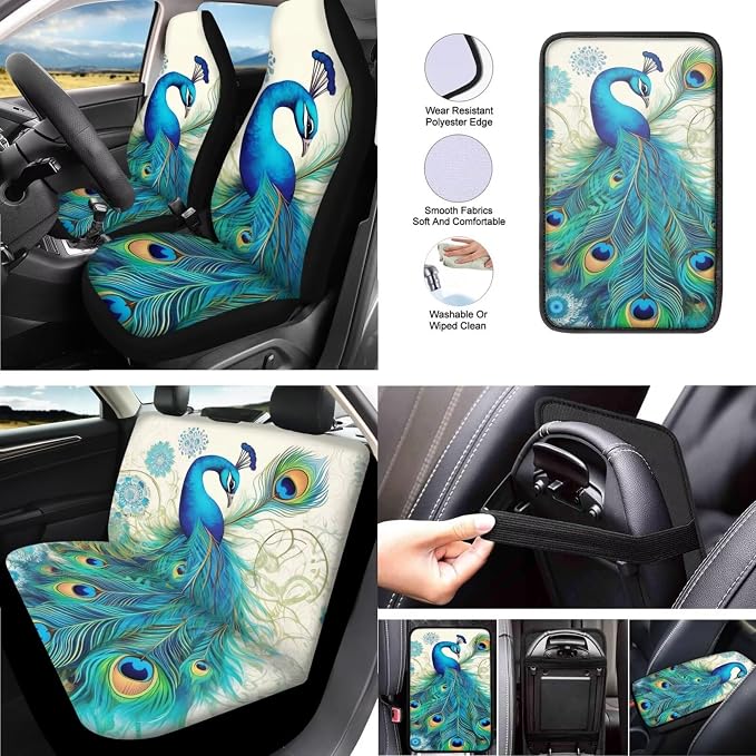 Peacock 13 PCS Car Seat Covers Full Set Classical Chinoiserie Peacocks Print Car Front Back Seat Cover Steering Wheel Cover, Peacock Feather Seat Covers Fit Auto SUV Trucks