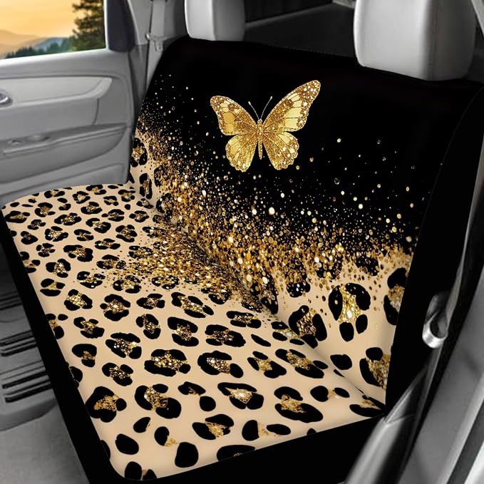 Leopard Print Car Seat Covers 17 Pack,Gold Butterfly Car Accessories Full Sets with Car Mats Full Set,Steering Wheel Cover,Seat Belt Cover,Funda para Volante De Carro Auto Interior for Women
