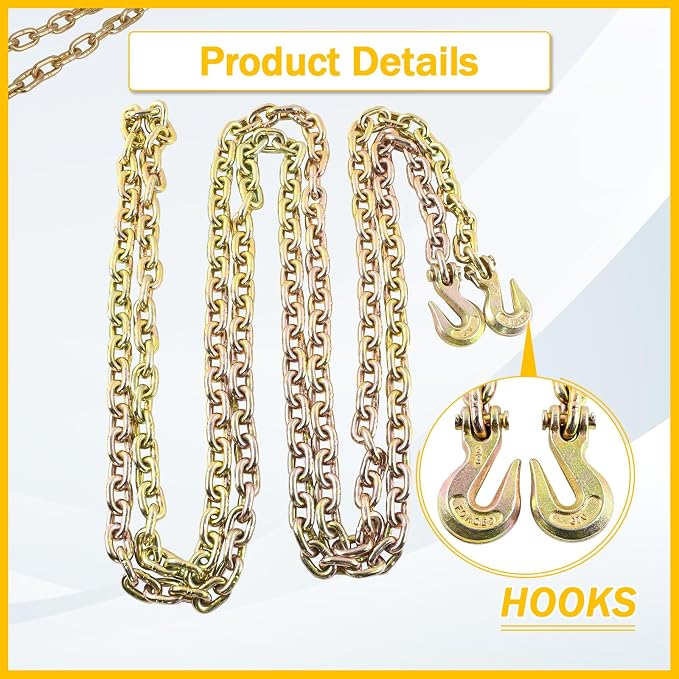 3/8" x 20 FT G70 Transport Tow Chain with Grab Hooks 6600 Lbs Working Load for Transport Tie Down Binder Chain Flatbed Truck Trailer
