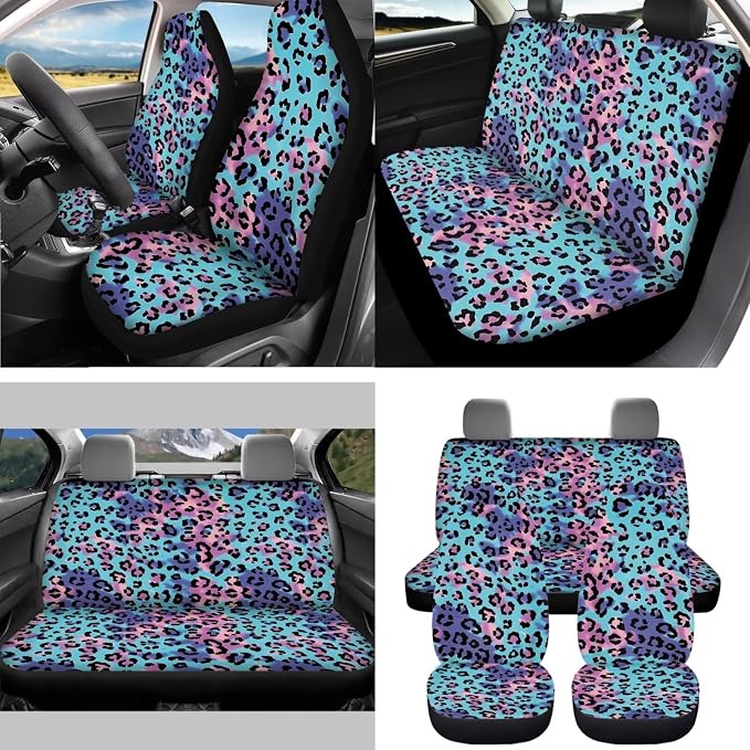 Colorful Leopard Car Seat Covers Full Set 15 Pcs Universal Car Accessories Steering Wheel Cover Seat Belt Pads Garbage Bag Car Headrest Pillow Covers Armrest Pad