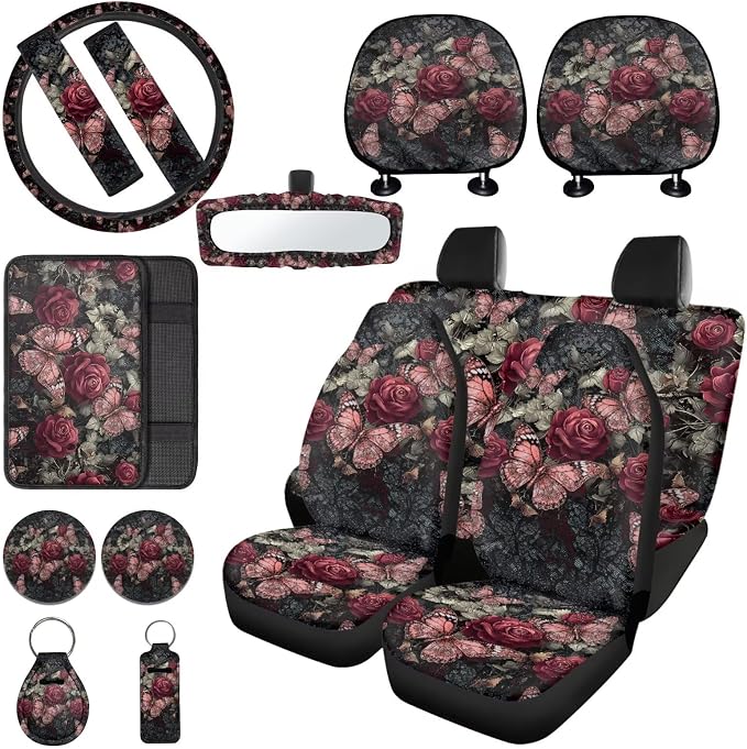 Butterfly Rose Print Car Seat Cover Full Set with Auto Steering Wheel Cover Seat Belt Protector Armrest Pad Auto Rear View Mirror Protector Set of 15, Pink and Green