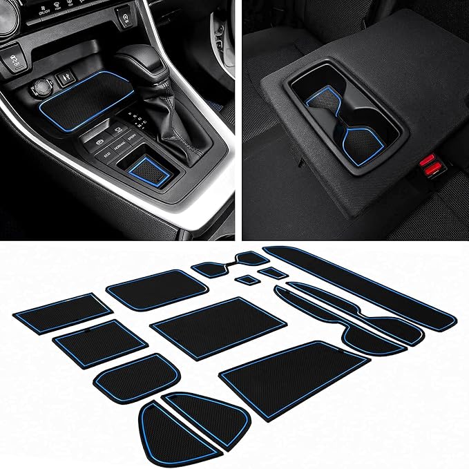 JDMCAR Custom Liners (Blue Trim) and Center Console Organizer Compatible with 2022 2021 2020 2019 RAV4 Accessories