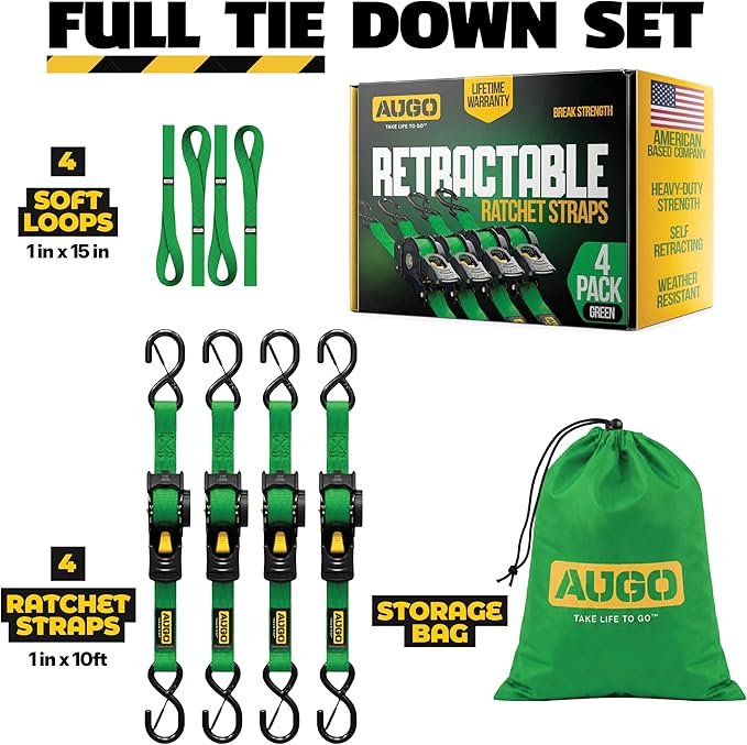 AUGO Retractable Ratchet Straps | 4 Heavy Duty Self Retractable Tie Down Straps with Soft Loops & Storage Bag for Motorcycle, Truck, Trailer, Cargo Van | 1200 Lb Break Strength 1' x 10'