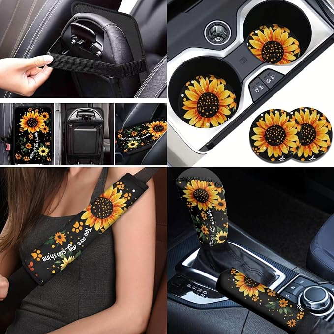 BIGCARJOB Sunshine Sunflower Car Seat Covers Full Set 12 Pcs Cute Dog Paw Print Car Accessories Interior Seat Protector for Womens Seat Belt Cover,Armrest Pads,Cup Holder Coaster