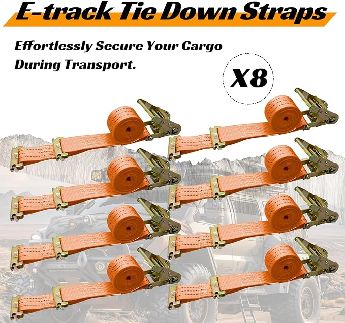 8 Pack 2" x 15' Heavy Duty E-Track Ratchet Straps - 4500LBS Break Strength - Tie Down Straps for Trucks, Trailers, Motorcycles, and Cargo（Orange）