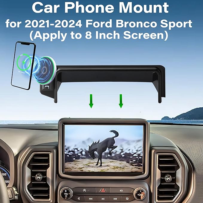 Car Phone Holder for Ford Bronco Sport 2021-2024 Accessories Apply to 8 Inch Touch Screen 15W Fast Wireless Charger Screen Fixed Clip Cell Phone Mount Hands-Free 360 Degree Rotation