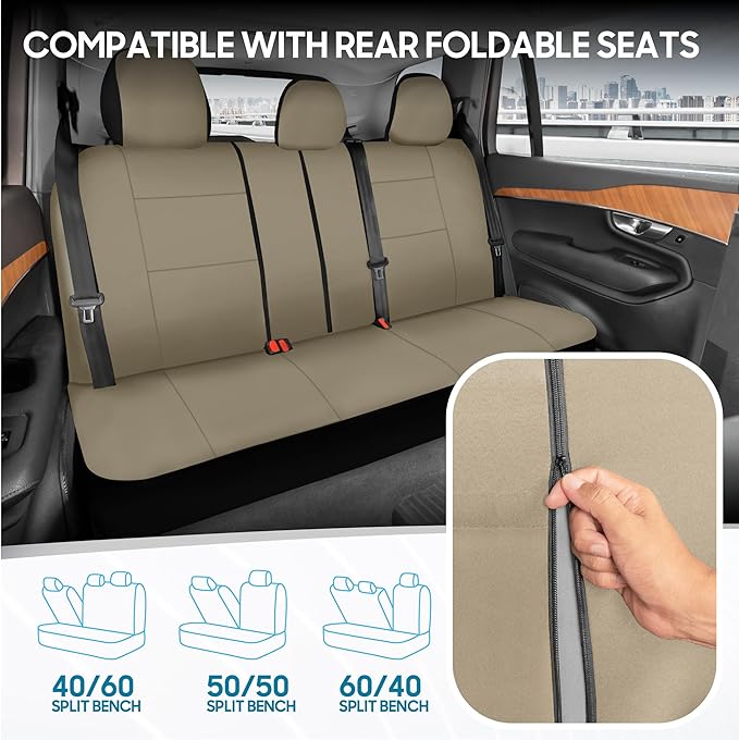 BDK PolyPro Car Seat Covers Full Set in Solid Beige, Front and Rear Split Bench Seat Covers for Cars, Easy to Install Car Seats Cover Set and Accessories for Auto Trucks Van SUV - Solid Beige