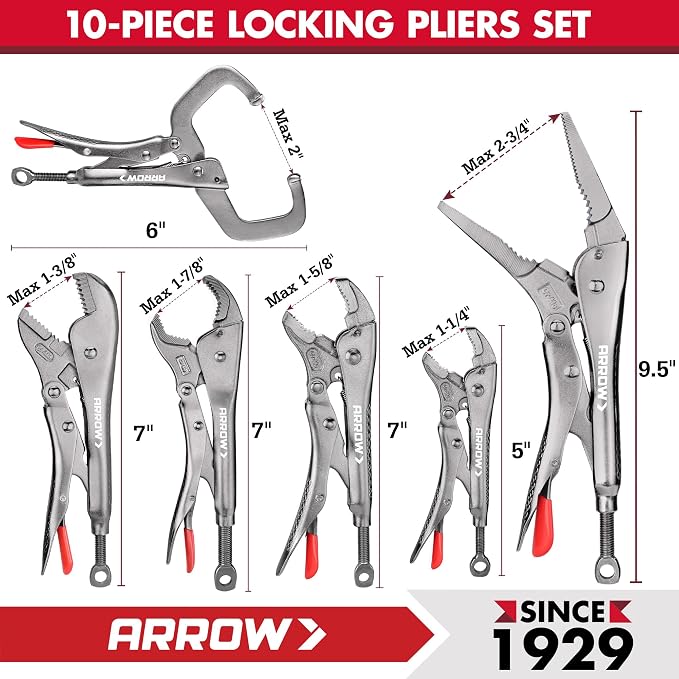 ARROW 10-piece Locking Pliers Set with Tool Bag, Chromium-Molybdenum Vice Grips, 5"/7" Curved Jaw, 6.5"/9.5" Long Nose, 7"/10" Straight Jaw, 7"/10" V-Jaw, 6"/11" C-Clamp Vise Grip Pliers