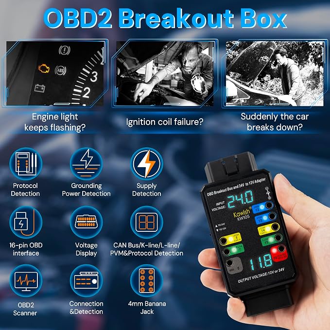 OBD2 Breakout Box, Auto OBDII Protocol Detector 16-Pin CAN Bus Test Breakout Box, 24V to 12V Heavy Duty Truck Adapter for Car ECU Tool Maintenance/Diagnosis/Programming/Coding