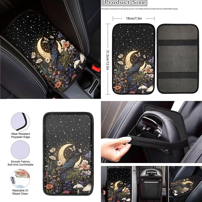 8 Pcs Moon Crow Car Seat Covers Full Set Car Accessories for Women Front Seat Cover Steering Wheel Armrest Cover Seat Belt Cover for Auto SUV Interior Decoration