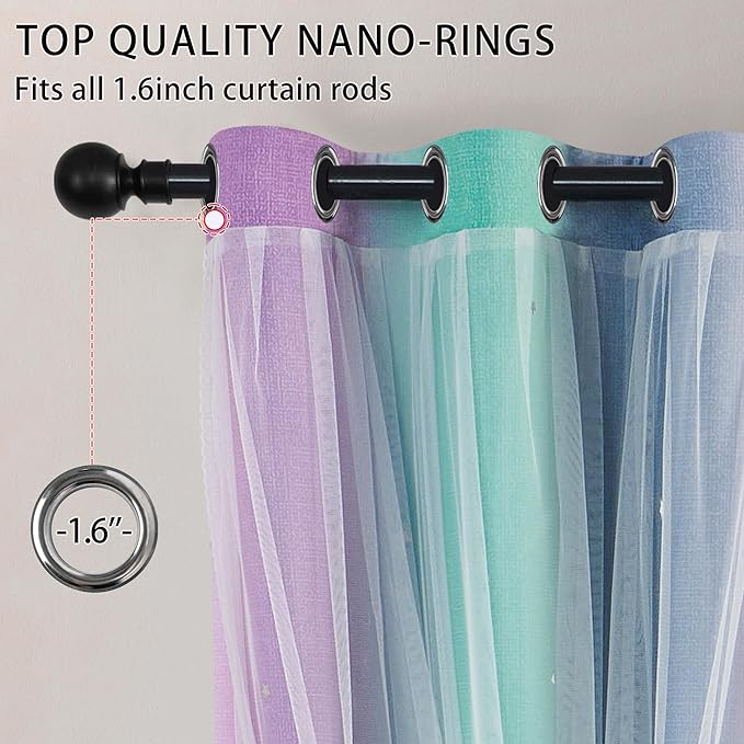 XiDi Purple Grey Green Curtains for Girls Bedroom 2 Panels Set, Rainbow Blackout Curtains for Kids Room Decor, Unicorn Wall Decals Drapes for Little Girl Nursery Room 63 Inches Long 52 Inches Wide