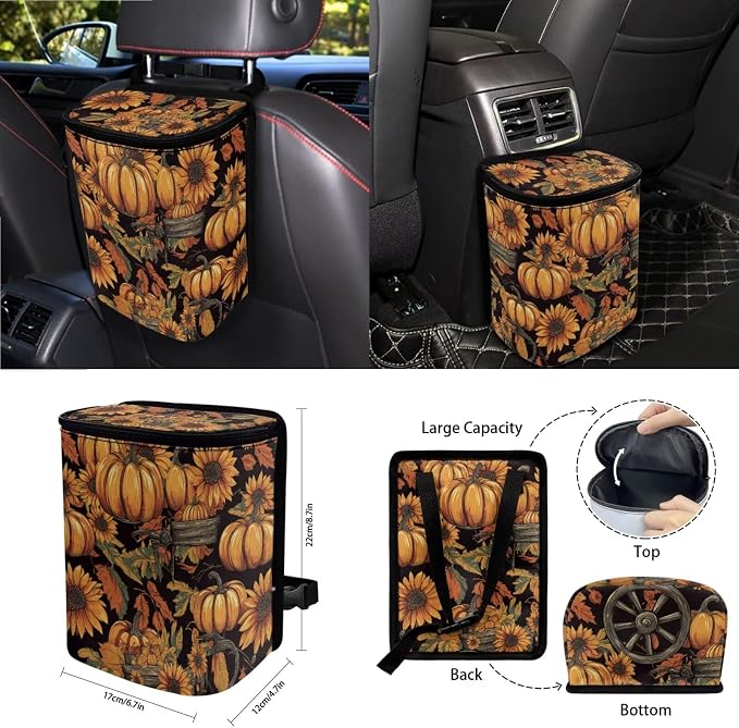 Pumpkin Sunflower Print Car Seat Covers Full Set Thanksgiving Decor Steering Wheel Cover Car Trash Can Keychain Seat Belt Pad Cup Coaster, Set of 15 for Autumn
