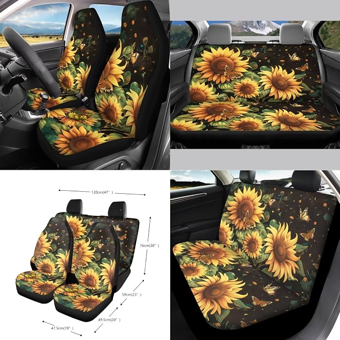 Sunflower Print Car Interior Covers Full Set of 15, High Back Bucket Seat Cover for Cars with Steering Wheel Cover Seatbelt Pads Trash Bag and Car Air Vent Organizer, Auto Decor
