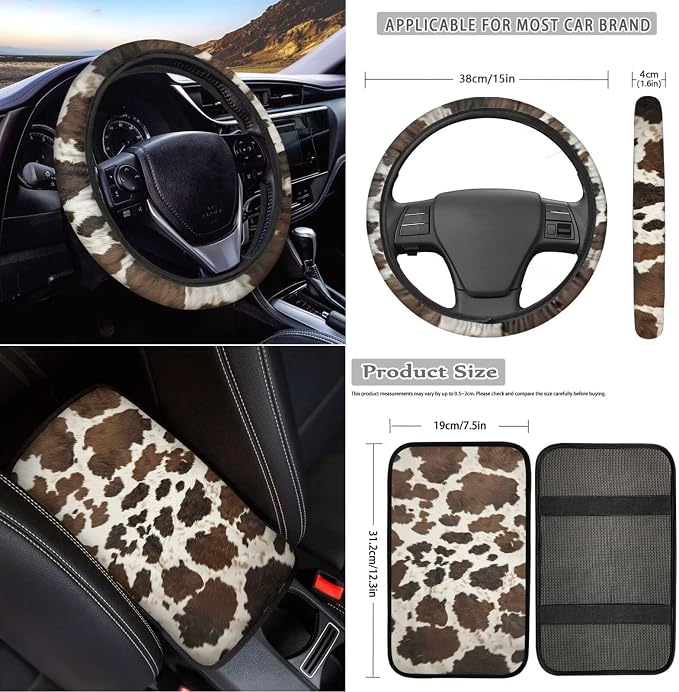 Brown Cow Print Car Seat Covers Full Set Steering Wheel Cover Set of 18 Universal Handbrake Cover,Center Console Cushion,Headrest Protector,Seat Belt Pad,Cup Holder Coaster and Keychain