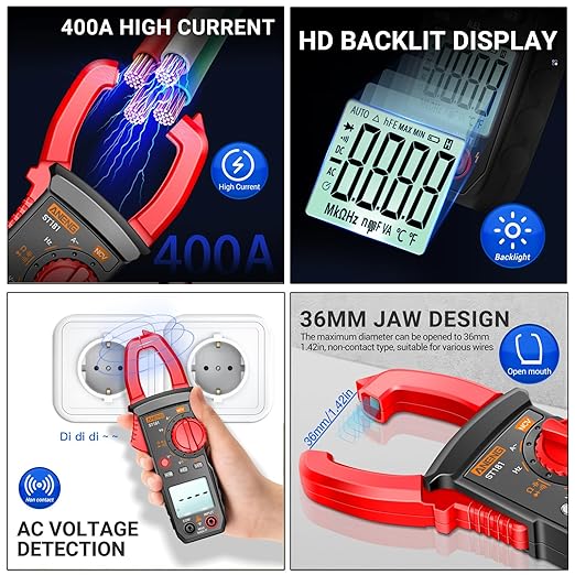 Multimeter with Clamp Meter,4000 Counts Amp Voltmeter & 2000 Counts Multi Tester,AC DC Voltage,Current,Resistance,Capacitance,NCV,Diode, Backlight LCD for Household Outlet Automotive Battery Test