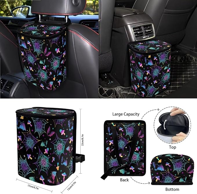 Mushroom Bat Spider Web Car Seat Covers 15Pcs Full Set Car Steering Wheel Cover Seat Belt Cover Trash Bin Air Vent Storage Box Rear View Mirror Car Cup Holder Keychain Halloween Decor