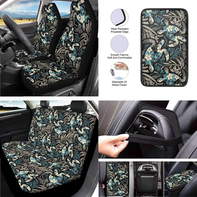 Sea Turtle Retro Print 13 PCS Car Seat Covers Full Set Hawaii Hibiscus Floral Turtles Car Front Back Seat Cover Steering Wheel Cover Fit Auto SUV Trucks