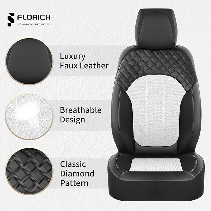 FLORICH Automotive Car Seat Cover Full Set Air Mesh Leather Car Seat Covers 5 Seats Car Protector Cushion Cars Interior Accessories Universal Fit for Most Car SUV Sedan Truck, Black&White