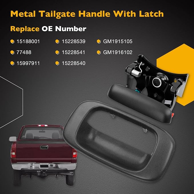 Gledewen 15997911 Upgraded Metal Tailgate Handle Latch, with Plastic Bezel Trim Rod Clips, Compatible with 1999-2007 Chevy Silverado GMC Sierra 1500 2500 3500, Replaces# 15228539 15228541 15228540