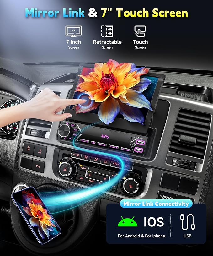 7 inch Single Din Flip Out IPS Touchscreen Car Stereo, 1 Din Car Stereo with Bluetooth Car Audio Receivers, Backup Camera, FM Radio/Mirror Link/USB/AUX/TF/Type-C Fast Charging