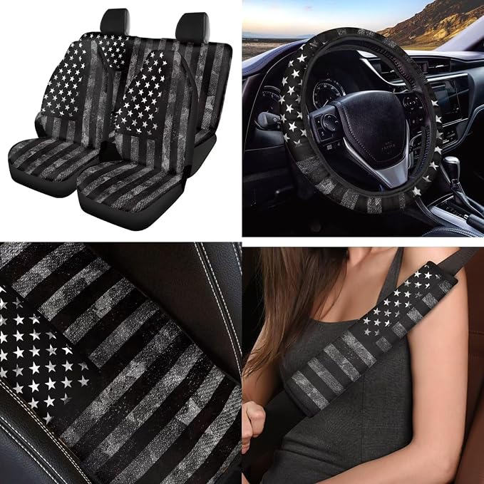 Black American Flag 12 Pcs Car Seat Covers with Steering Wheel Cover,Seat Belt Covers Cup Holder with Keychain Automotive Protector Set Unverisal Fit Cars SUV
