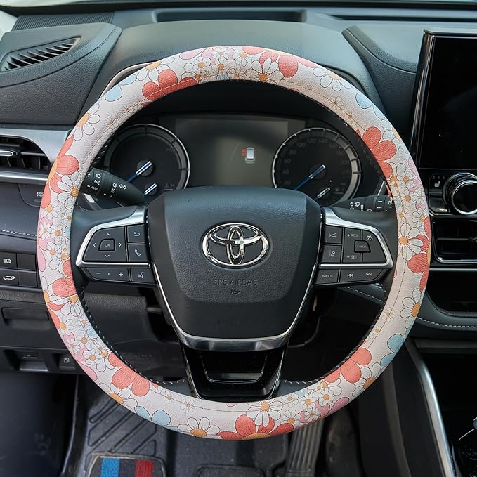 Retro Floral Daisy Colorful Flowers Car Leather Steering Wheel Cover - 15-inch Universal Microfiber- Soft & Breathable & Silicone Anti Slip Auto Steering Wheel Wrap for Women