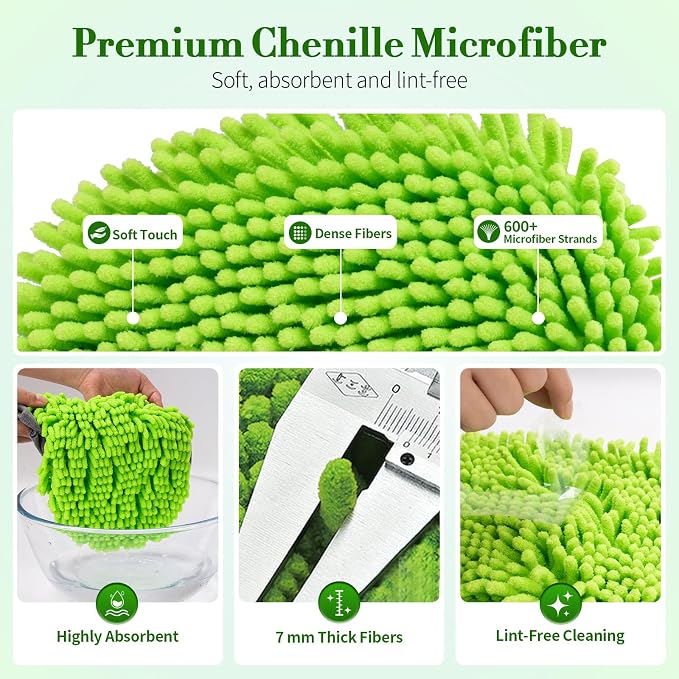 Car Wash Brush with Long Handle - 62" Car Wash Kit with Chenille Microfiber Cleaning Brush, Car Washing Mop with 3 Replacement Mitts, Scratch-Free Scrub Washer Wand for Vehicles, RV, Truck Green