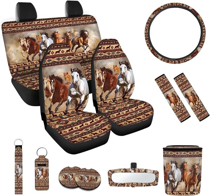 Aztec Horse 12 Pack Car Seat Covers Full Set Car Steering Wheel Cover Car Seat Belt Cover Car Trash Can Car Rear View Mirror Cover Car Cup Coasters Keychain Holder Keychains