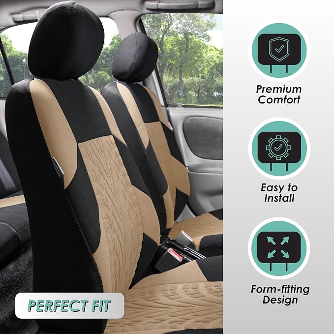 FFH Group Three Row Set 7 Seater Beige Travel Master Car Seat Covers, Airbag and Split Rear Car Seat Cover Universal Fit Interior Accessories for Cars Trucks SUV, Automotive Seat Covers