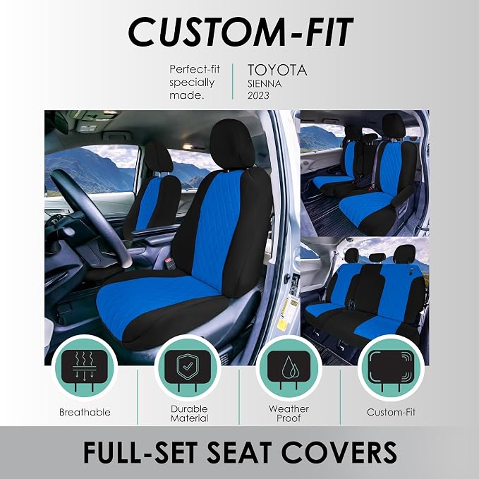 FH Group Custom Fit Car Seat Covers Specifically Made for Toyota Sienna 2021-2024, Blue Ultraflex Neoprene Full Set Automotive Seat Covers, 8 Seater SUV Seat Covers, Toyota Accessories