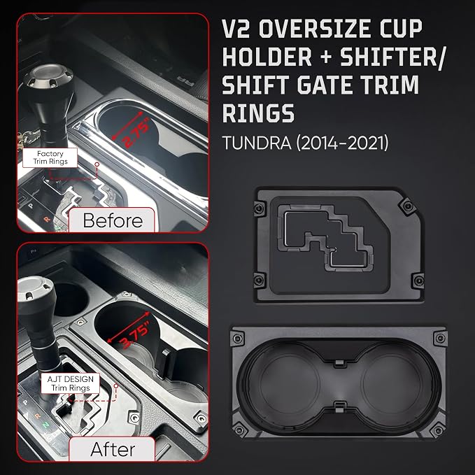 AJT Design V2 Cup Holder & Shifter Kit Compatible with Toyota Tundra 2014-2021 | Oversized Cup Holder Insert, Gear Shifter Cover, Shifter Trim Rings, Center Console Shifter Cover - Black