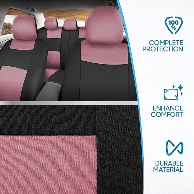 BDK PolyPro Car Seat Covers Full Set in Pink on Black, Front and Rear Split Bench Seat Covers for Cars, Easy to Install Car Seats Cover Set and Accessories for Auto Trucks Van SUV - Pink