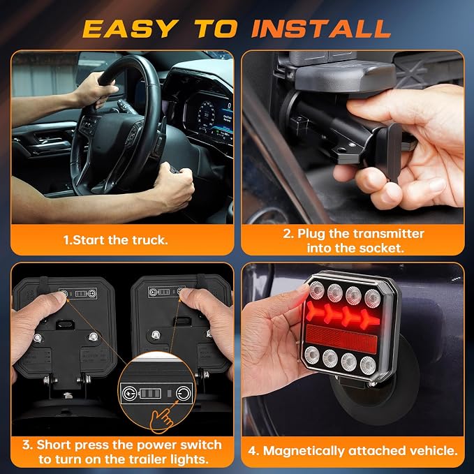 Wireless Trailer Lights, Rechargeable Magnetic LED Trailer Lights with Reverse Light, Portable Wireless Tow Tail Light Kit for Trucks, Boats, RVs, Campers