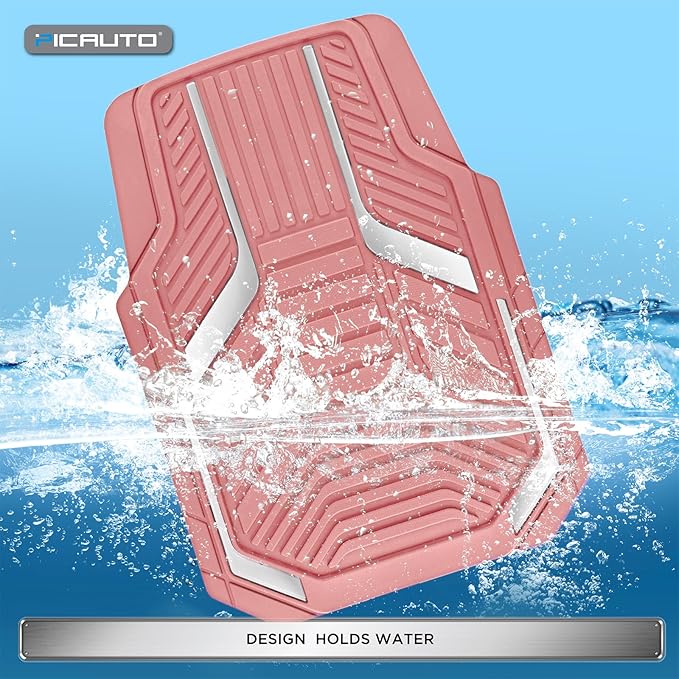 PIC AUTO Heavy Duty Pink Rubber Floor Mats, Silver Aluminum Film Car Mats Set, Front and Rear Car Mats with Anti-Slip Backing, All Weather Protection, Trim-to-Fit for Automotive SUV, Sedan, Van