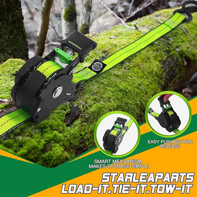 STARLEAPARTS Retractable Ratchet Straps(4PK 1.0INX12FT) - 1,500lb Break Strength, Ratchet Strap Heavy Duty with Rubber Coated Handle, Perfect Auto Ratchet Straps for Motorcycle, Kayak and Trucks