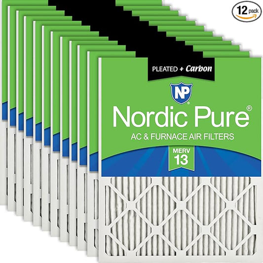 Nordic Pure 10x20x1 (Actual Size: 9 1/2 x 19 1/2 x 3/4) Pleated Air Filters MERV 13 Plus Carbon 12 Pack