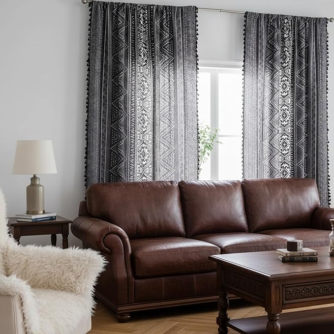 ColorBird Boho Curtains Grey Farmhouse Light Filtering 84 Inches 2 Panles MCM Western Striped Aztec Window Treatment Patterned Drapes for Living Dining Room Bedroom Boho Chic Decor