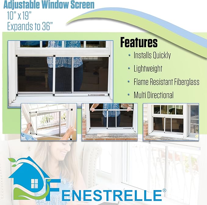 Fenestrelle Expandable Window Screen – 10″ H × 19″–36″ W Horizontal, 2‑Way Adjustable Window Screen with Flame Resistant Fiberglass Mesh, Pack of 2