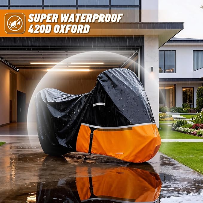 Waterproof Motorcycle Cover for Kawasaki Ninja 400/500/650 Z900 ZX6R (No Trunk Models), 420D Oxford Cloth Heavy Duty Motorbike Cover for Snow Rain UV Dust All Weather Outdoor Protection