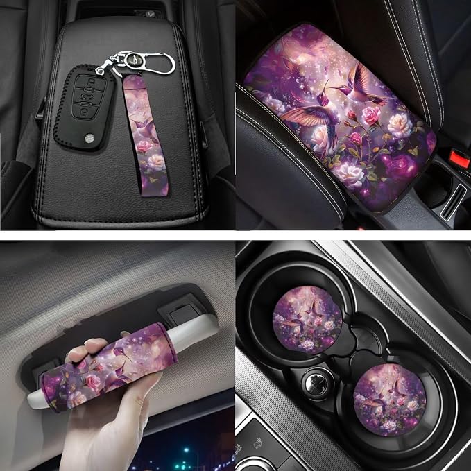 18 Pcs Hummingbird and Rose Car Accessories Set for Women, Car Seat Covers Full Set with Auto Floor Mats Steering Wheel Cover Armrest Pad Handle Wraps Seat Belt Pads Keychains Cup Coaster