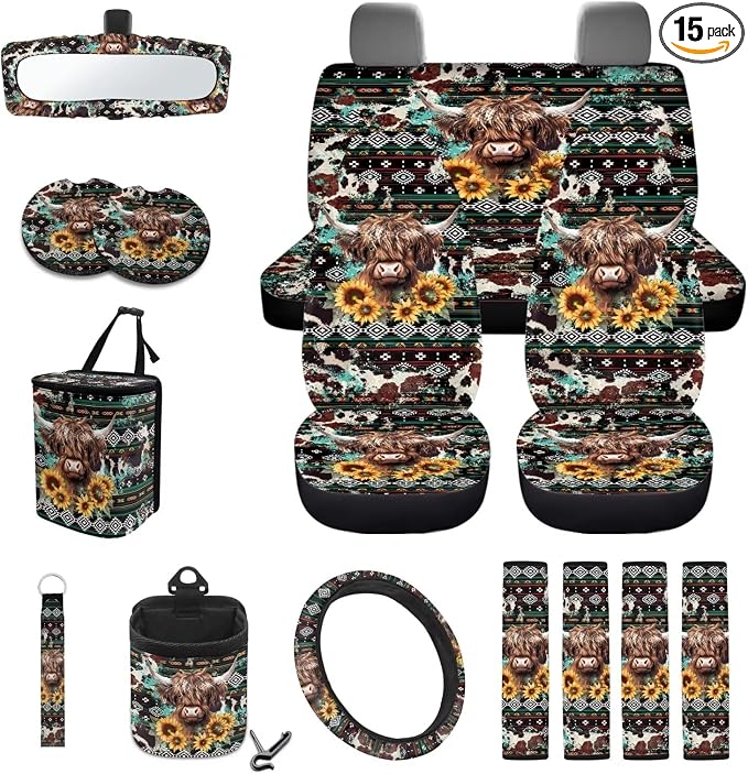 Aztec Tribe Cattle Print Car Seat Cover Sets Car Steering Wheel Cover Seat Belt Cover Trash Bin Air Vent Storage Box Front Rear View Mirror Car Cup Holder Keychain 15Pcs Car Accessories