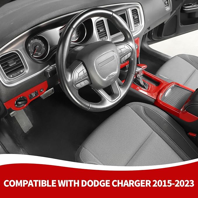 RAZPOY 5PCS Red Interior Trim Kit Compatible with 2015-2023 Dodge Charger Accessories, Gear Shift Cup Holder Cover Headlight Switch Air Conditioning Panel Trim