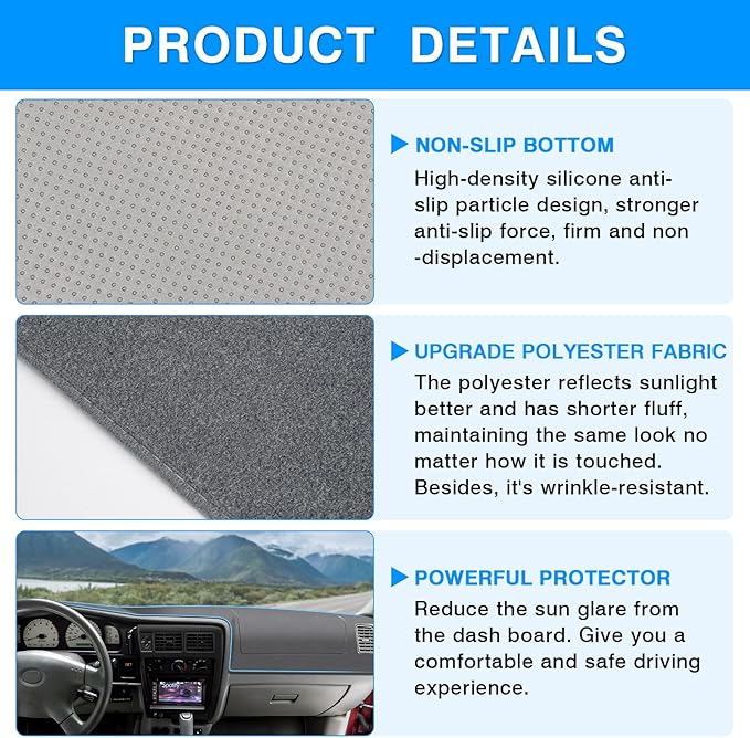Autorder Gray Dashboard Cover Mat for Toyota Tacoma 1998-2004 Accessories Dash Cover Upgrade Polyester Dash Mat Sunshade Glare UV Rays Protector