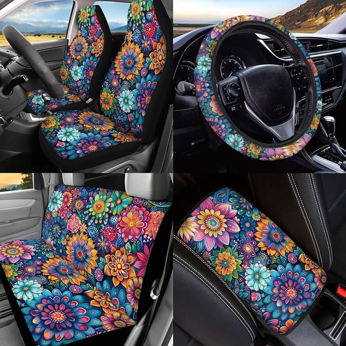 BIGCARJOB Boho Lotus Car Seat Cover Set for Front and Rear,15 Pcs Blossom Flower Car Seat Interior Accessories Full Set with Seat Belt Pads,Car Seat Head Rest Protective Cover,Auto Garbage Bag