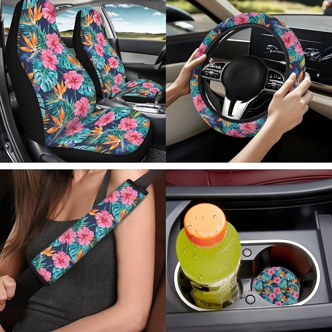 Bulopur Tropical Hibiscus Floral Car Seat Covers Full Set with Steering Wheel Cover Universal Center Console Cover Breathable Seat Belt Pads 14 Piece Automotive Interior Accessories Set