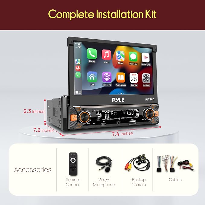 Pyle 7" Single DIN Car Stereo | Apple CarPlay & Android Auto, Flip-Out 7-Inch IPS Touchscreen, Bluetooth, 1080p Backup Camera, AM/FM, USB, 240 W | Single DIN Head Unit Receiver