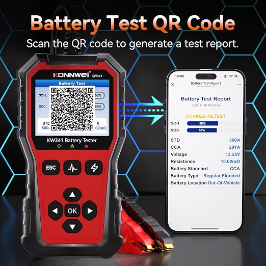 KONNWEI KW341 Car Battery Tester 6V 12V 24V Automotive Battery Load Tester Digital Battery Analyzer for Motorcycle Car Truck, Test SOH SOC CCA Resistance Voltage, Cranking Charging System Print